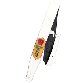 Walker & Williams CVG-51 White Leather Strap Hand Tooled Leather Red Rose Design For Acoustic, Electric, And Bass Guitars