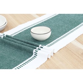 PurpleEssences Dobby Stripe Woven Table Runner Ribbed Christmas Farmhouse Dining Room - 14x90 (14x95.5, Fringe Included) - Forest Green