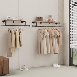 YheenLf Industrial Pipe Clothing Rack with Top Shelf, Space Saver Display Hanging Clothes Rack, Wall Mounted Iron Clothes Rack, Extension at Both Ends, 51.2 * 10.2 * 5.9 In, Black