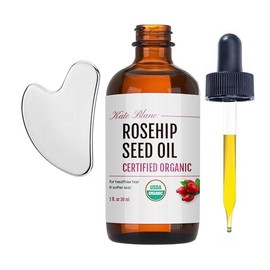 Kate Blanc Cosmetics Aceite de rosa mosqueta para cara con Gua Sha inoxidable (1 oz, orgánico, puro, prensado en frío), aceite facial de semillas de r