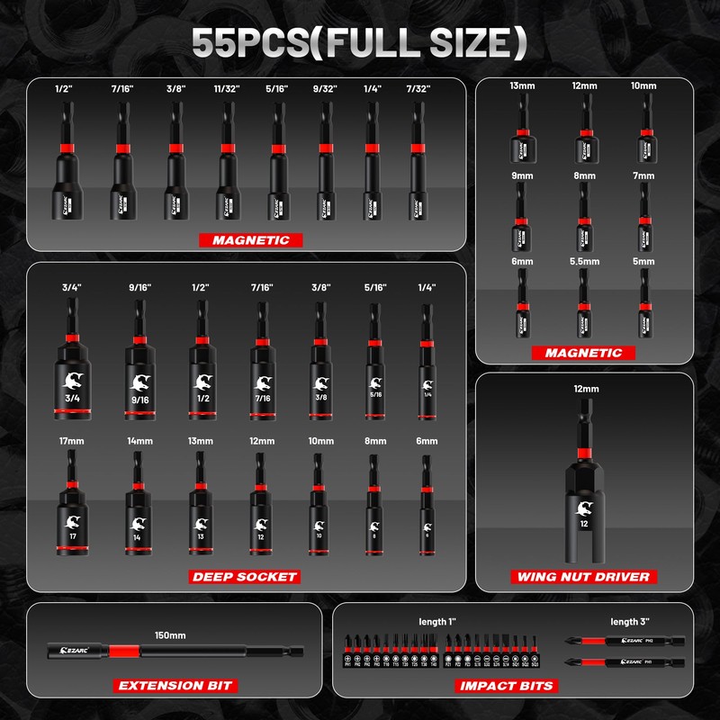 EZARC 55PCS Magnetic Impact Nut Driver Set, 1/4" Hex Shank