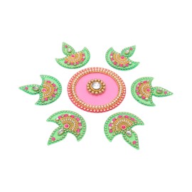 Floor Rangoli Designer Reusable Small Rangoli Acrylic Rangoli Indian Traditional Home Decor Gift for Home Interior Floor Ganesha Ganpati Festival Decorations and Gifting (Size:- 7") (Pink and Green)