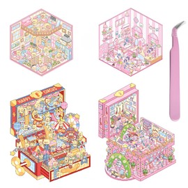 4 Sets 3D Sticker Scene, Sticker Scene, 3D House Sticker Set, 3D Sticker Therapy Scene Cartoon 3D Stickers for Adults Relief Stress, Funny Cartoon Scene Stickers (with Tweezers)