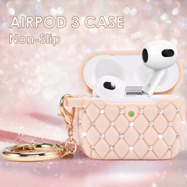 Worryfree Gadgets Case Compatible with AirPods 3 Case Generation 3 Bling Rhinestone Cover for Women Girls TPU Protective Shockproof Case with Keychain for AirPod 3 Charging Case, Pink