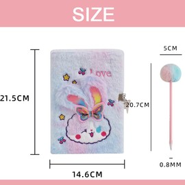 Plush Diary with Lock and Keys for Girls, Plush Secret Journal for Kids Teens with 160 Lined Pages, Fluffy Dye-Tie Rabbit A5 Notebook for Writing & Drawing, Cute Fuzzy, Gifts for Girls Ages 8-12