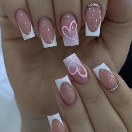 Valentine Press on Nails Medium Square Fake Nails with Rhinestone Designs White French Tip False Nails Cute Gradient Heart Nails Full Cover Stick on Nails Valentine Glue on Nails for Women 24Pcs