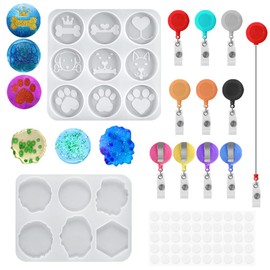 Badge Reel Resin Molds, lyfLux 2 Style Retractable Badge Reels Resin Molds, with 10 Multi Color Retractable Badge Clips, 15 Shapes Epoxy Casting Molds, for Make Badge Clips and Identity Cards