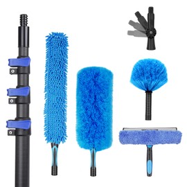 18 Foot High Ceiling Duster Kits with 3.5-12 FT Carbon Fiber Extension Pole, Feather Duster, Cobweb Duster, Ceiling Fan Duster, Window Squeegee & Cleaner with Pole 12 Ft