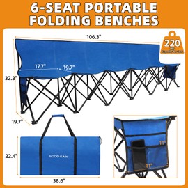 G GOOD GAIN Portable Soccer Bench - Team Bench Soccer 6 Seats with Bag, Sideline Folding Bench, Folded Chair Seating 6 for Football Camp Outdoor Sport Events, Team Chairs for Adults, Blue