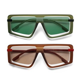 HERJOUR Retro Square Oversized Sunglasses for Women and Men Trendy Sun Glasses AR82157, Green+Brown/Red 2 Pieces