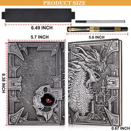 DND Dragon Notebook 3D Embossed Leather Diary A5 Antigue Travel Diary with Pen & Pen Sleeve, D&D Daily Diary Lined Writing Notebook (Silver)