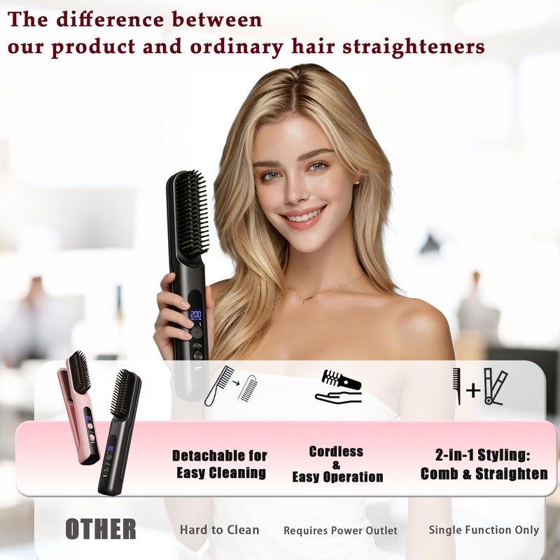 SL Euthtion Cordless Hair Straightener Brush - Curler 2 in