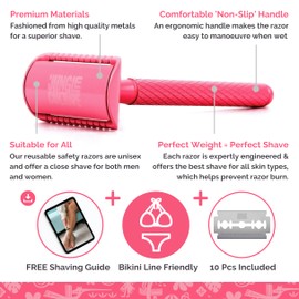 JUNGLE CULTURE Hot Pink Safety Razor for Women & Men • Reusable Razor with 10 Double Edge Razor Blades • One Blade Razors for Women for Body & Face • Metal Razors • US/UK Company
