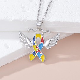Autism Awareness Necklace Sterling Silver Autistic Colorful Puzzle Piece Necklace Angel Wing Autism Awareness Jewelry Gifts for Women Mom