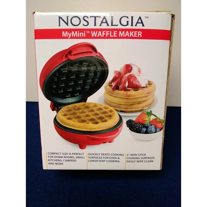 Nostalgia MyMini Waffle Maker Red 5 Inch Non-Stick Compact Size