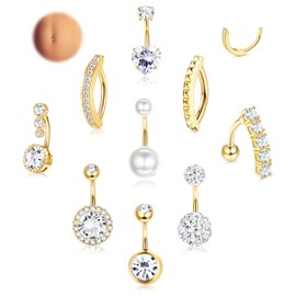 LOLIAS 9 Stück 14G Bauchnabelpiercing Gold Chirurgenstahl Piercing Bauchnabel CZ Clicker Bauchnabelpiercing Ring 10MM für Frauen Bauchnabelpiercing Chirurgenstahl Set