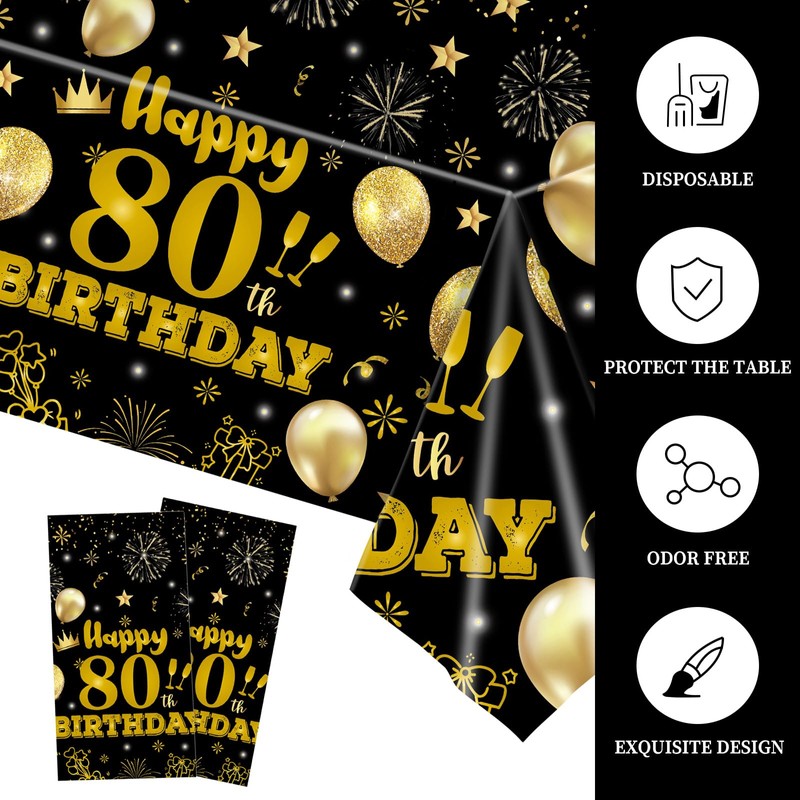HFBOBP 2 Pack 80th Birthday Tablecloths,54 x 108 inch Disposable