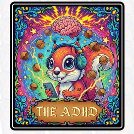 The ADHD Squirrel Sticker Mental Health Awareness Humor Tarot Card Chaotic Energy Overthinking Waterproof Die Cut Vinyl & Transparent DTF Decal for Water Bottle Laptop Car Helmet Gifts for Her Him
