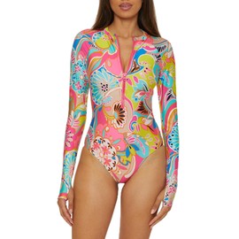 Trina Turk Women's Standard Paddle One Piece Swimsuit, Rash Guard, UV Protection, Zip Front, Long Sleeve, Bathing Suits, Venus (Multicolor), Small