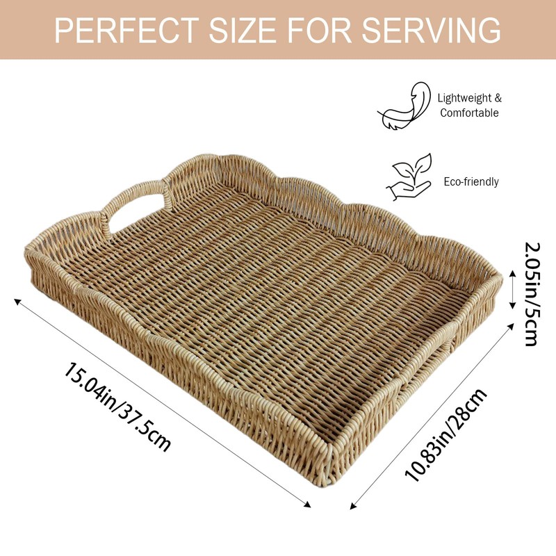 Serving Tray with Scalloped Edge, Rectangular Wicker Tray with Handles,