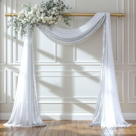 Wedding Arch Draping Fabric, 1 Panel 28" x19ft White Wedding Arch Drapes & 1 Panel 16" x19ft Silver Sequin Fabric Drapes Arbor Backdrop Curtain for Wedding Arch Ceremony Bridal Shower Reception