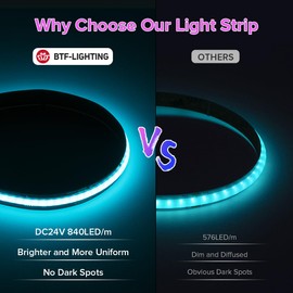 BTF-LIGHTING FCOB COB RGB Flexible High Density LED Strip DC24V 5M 840LEDs/M 4200LEDs 16W/M 10mm Black PCB Multicoloured LED Strip IP30 Not Waterproof for Interior Decoration (Strip Only)