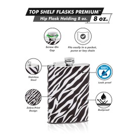 Hip Flask Holding 8 oz - Zebra Print Design - Pocket Size, Stainless Steel, Rustproof, Screw-On Cap - Black and White Finish Perfect for Engraving