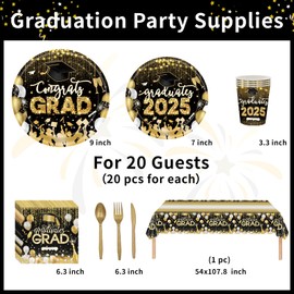 ZFUNBO 2025 Congrats Grad Dinnerware for Graduation Decorations, Black Graduation Party Supplies, Disposable Grad Party Plates and Napkins, Graduation Tableware Class of 2025, Serve 20 Guests