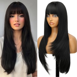 Black 26-inch Long Wig with Bangs for Women - Straight Layered Style, Realistic Scalp, Freestyle Parting, Natural-Looking & Heat-Resistant Synthetic Hair for Daily and Party Use