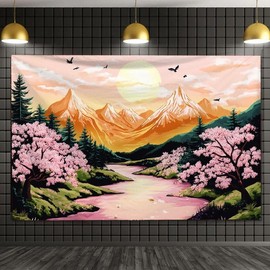 FENDROM Mountain Tapestry Nature Forest Pink Cherry Blossoms Tapestries for Bedroom Aesthetic Sunset Tapastry's Wall Hanging Orange and Green Landscape Wall Tapestry for Living Room Dorm