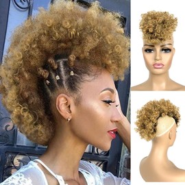Afro High Puff Mohawk Ponytail Clips in Hairpieces Jerry Curly Non Drawstring Ponytail with 6 BB Clips Synthetic Fauxhawks Afro Puff Bun Afro Kinky Curly Hair Bun Warp Hair Extensions UAmy Hair T27