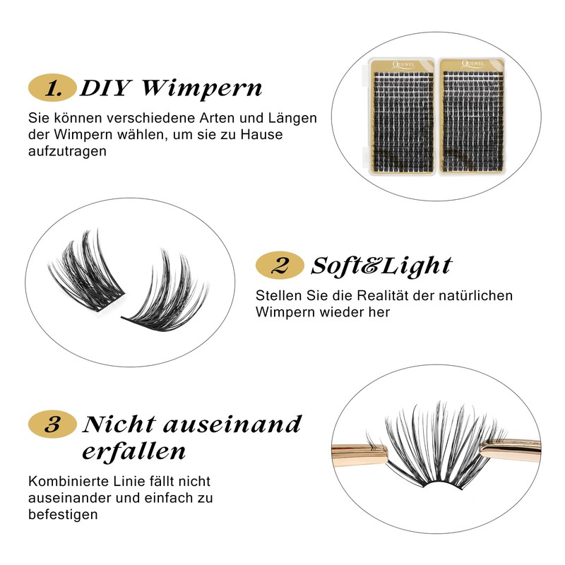 Cluster Eyelashes, QUEWEL Individual Eyelashes, 480 Pieces, DIY Eyelash Extensions,