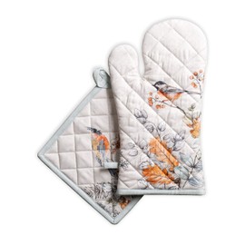 Maison d' Hermine Oven Mitt (19cm x 33cm) and Pot Holder (20cmx20cm) 100% Cotton Heat ResistantSet, Cooking, Grilling & Barbecue, Whitish Shabby Chique - Thanksgiving/Christmas