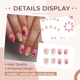 Quezadyl French Press on Nails, 24PCS Short Oval Multicolor Hibiscus Flower Pattern Summer Glue on Nails, Yellow French Tip Acrylic Nails, Reusable Stick on Nails for Women