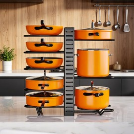 aurorareveal Pots and Pans Organizer Rack under Cabinet 15.7 Height, 8 Tiers Adjustable Pot Pan Rack with Adjustable Pot Rack for Frying Pan, Cast Iron Skillet, Black