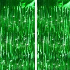 Green Fringe Backdrop Curtains Party Decorations, Tinsel Streamers Birthday Decor for St Patricks Day Decor, Foil Photo Booth Props for Baby Shower, Bachelorette, Football, 2Pack 3.28X6.56Ft