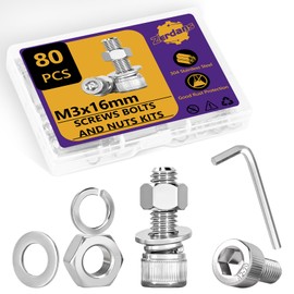 Pack of 80 M3 Hex Screws and Nuts Assortment Set, M3 x 16 mm Stainless Steel Screws Set Cylinder Screws Hexagon Socket Lock & Washers with 1 Open-End Wrench for 3D Printing Projects (20 Set)