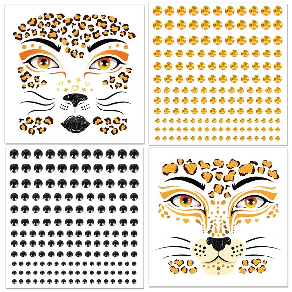 DPKOW Leopard Face Tattoos Face Gems, Leopard Temporary Tattoos Halloween