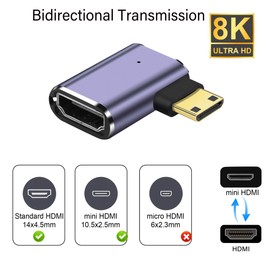 PNGKNYOCN 90 Degree 8K Mini HDMI Adapter, 2-Pack 48Gbps Left Angle Mini HDMI Male to HDMI Female 2.1 Version Bi-directional Connector Support 8K@60Hz, 4K@120Hz, HDR, eARC (Left Bend)