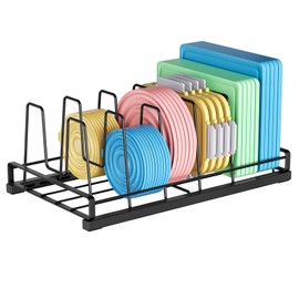 Food Container Lid Organizer for Cabinet, 6 Adjustable Dividers Metal Pot Lid Organizer, Pots and Pans Organizer Under Cabinet Storage Plastic Lids Pots Cookie Sheets for Cabinets, Cupboards, Drawers