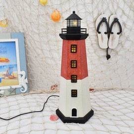 K KILIPES Wood Lighthouse with Light Beach Decoration for Home, USB Powered Led Light House Statue Wooden Sculpture Figurine Tabletop Centerpiece for Coastal Nautical Room Decor
