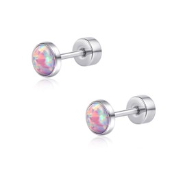 limerencia 20G Titanium Earrings with Flat Back for Sensitive Ears, G23 Hypoallergenic Titanium with Simulated Opal, Screw Back Stud Earrings for Cartilage Helix Tragus, 4 mm, Titanium