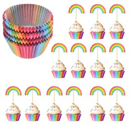 Paper Muffin Cases 2 Boxes with 12 Rainbow Decorative Cupcake Toppers, Ideal for Children's Birthday, Baby Shower and Wedding, Rainbow Decoration Muffin Cases for Party Desserts