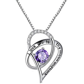 Sterling Silver "I Love You To The Moon and Back" Engraved Love Heart Pendant Necklace - Purple