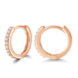 Shuxin Silver Hoops Earrings for Women, 925 Sterling Silver Rose Gold Hoop Earrings with AAA Cubic Zirconia, Hypoallergenic Unisex 14mm Small Sleeper Huggie Hinged Hoop Earrings for Men Ladies Girls