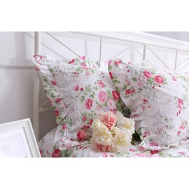Meaning4 2-Pack Rose Floral Pillow Covers with Ruffle and Lace King Size Pillowcases Pure Cotton 20"x36"