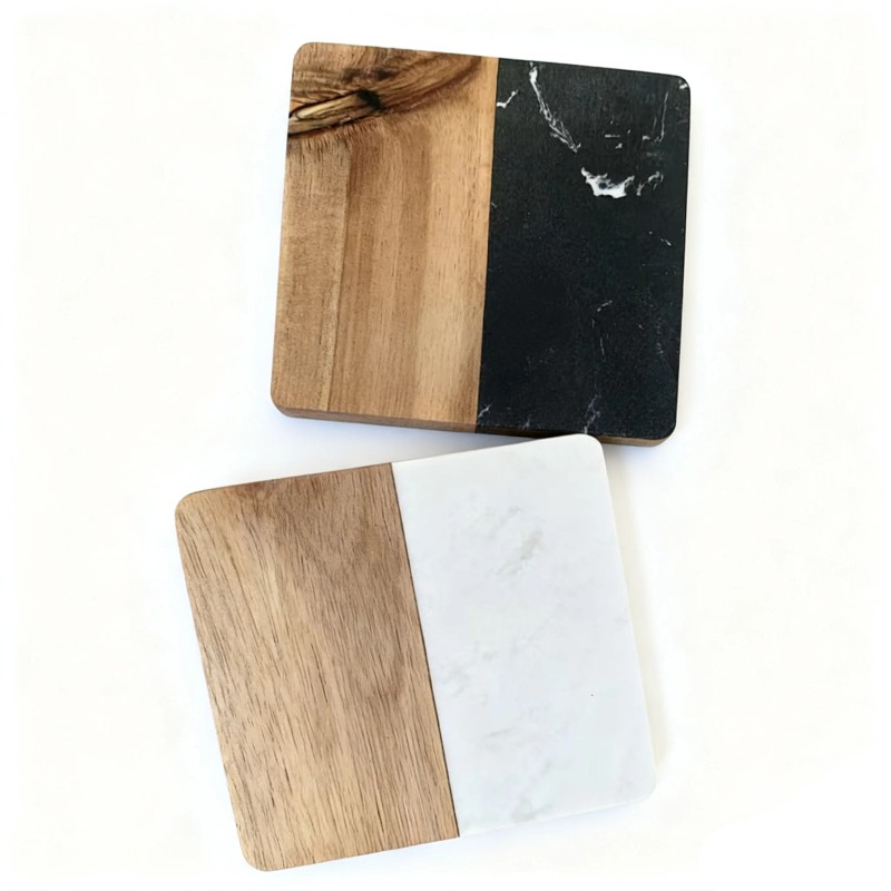 20 Pcs Natural Acacia Wooden White Marble Square Coasters Set