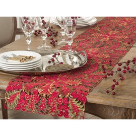 SARO LIFESTYLE QX296.R1690B Panettone Collection Christmas Tree Cutwork Table Runner, 16" x 90", Red
