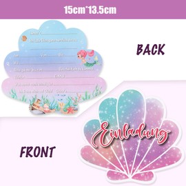 BHGT Pack of 12 Invitation Cards 14 x 13 cm Children's Birthday Girl Shell Motif Mermaid Birthday School Invitations Cards Party Bags for Children Boys