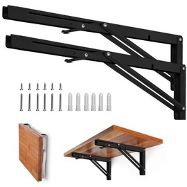 Folding Shelf Brackets - Heavy Duty Metal Collapsible Shelf Bracket for Bench Table, Shelf Hinge Wall Mounted Space Saving DIY Bracket, Max Load: 150 lb (24 Inch, Black)
